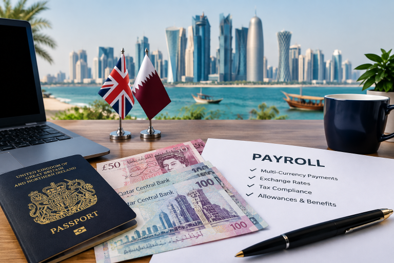 What does managing multi-currency payroll for UK secondees working in Doha involve